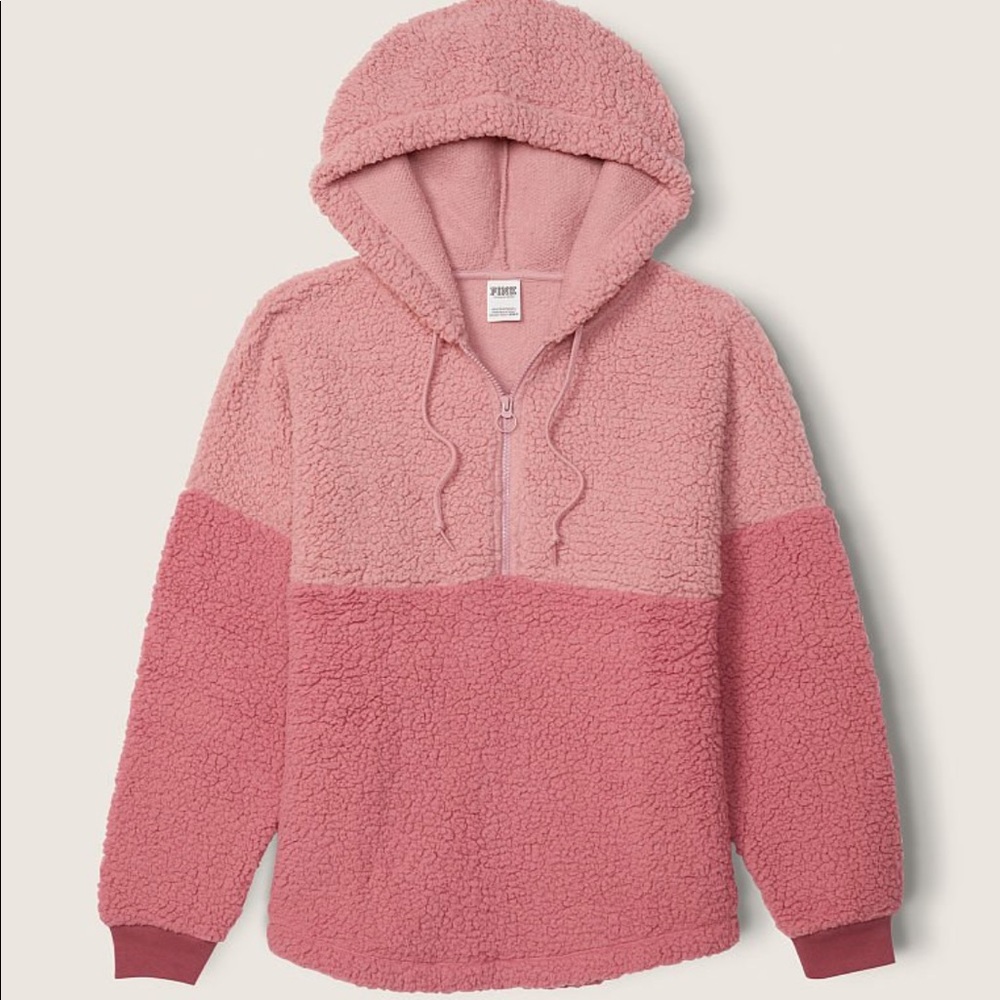 NEW VS PINK VARSITY SHERPA HALF ZIP PULLOVER